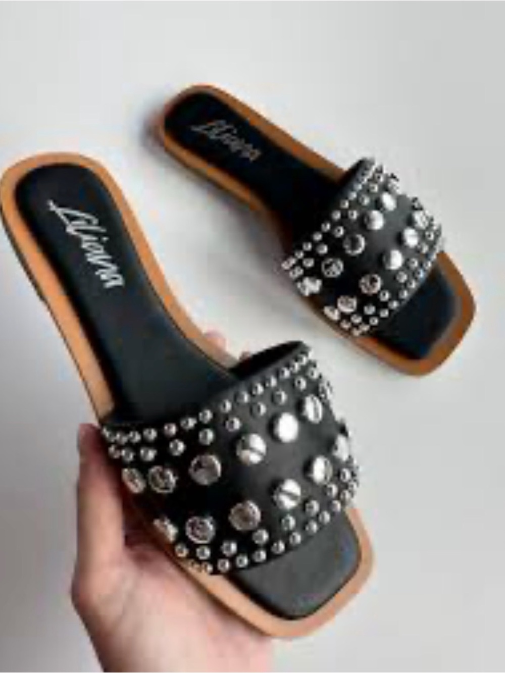 Liliana Black Slide Sandals with Silver Stud Accents